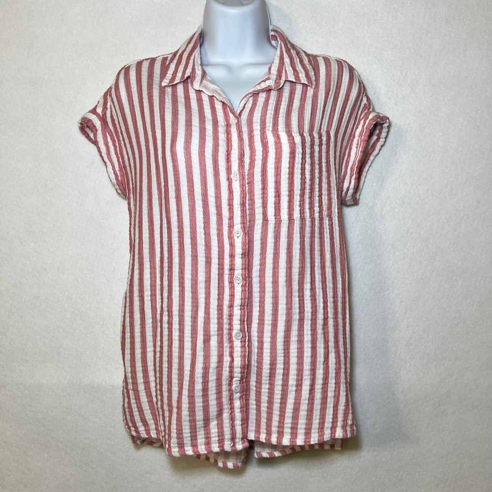 Lola River Women Red White Striped Coastal Fisherman Preppy Cotton Gauze Shirt S